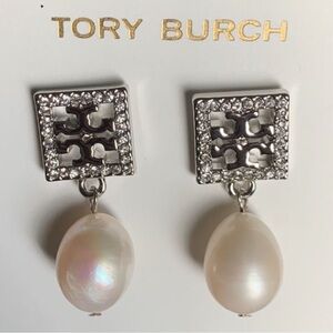 Final sale tory Burch Silver crystal pave & Pearl Square drop  Earrings